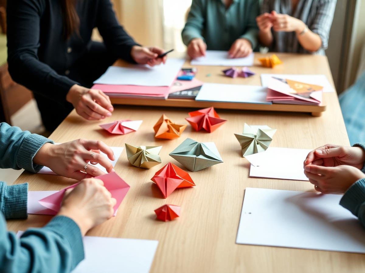 Mãos de alunos dobrando papéis coloridos em oficina de origami