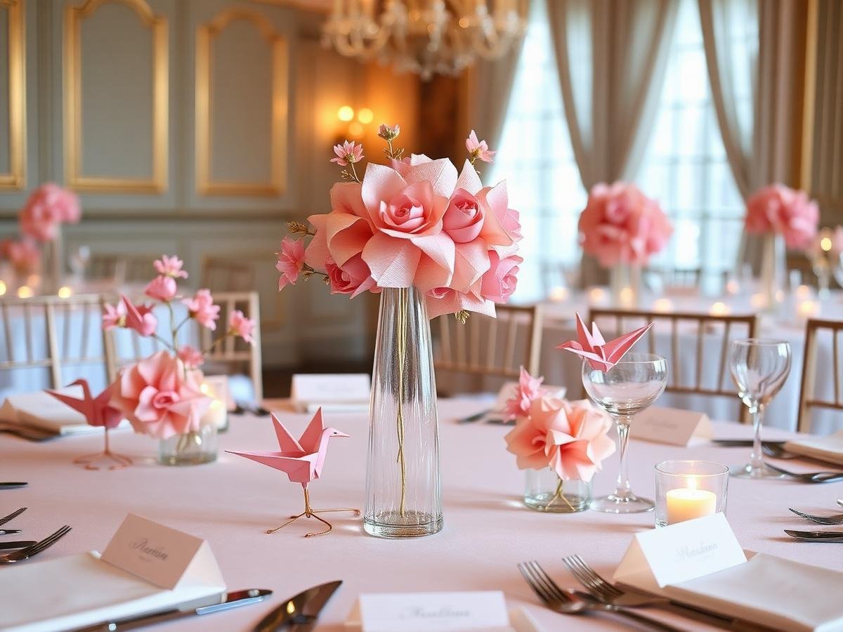 Mesa de evento decorada com flores de papel e tsurus