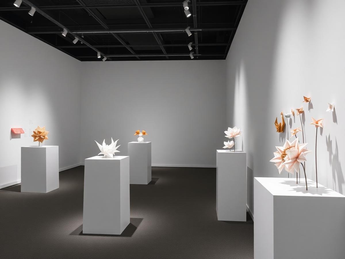 Esculturas de origami expostas sobre pedestais brancos