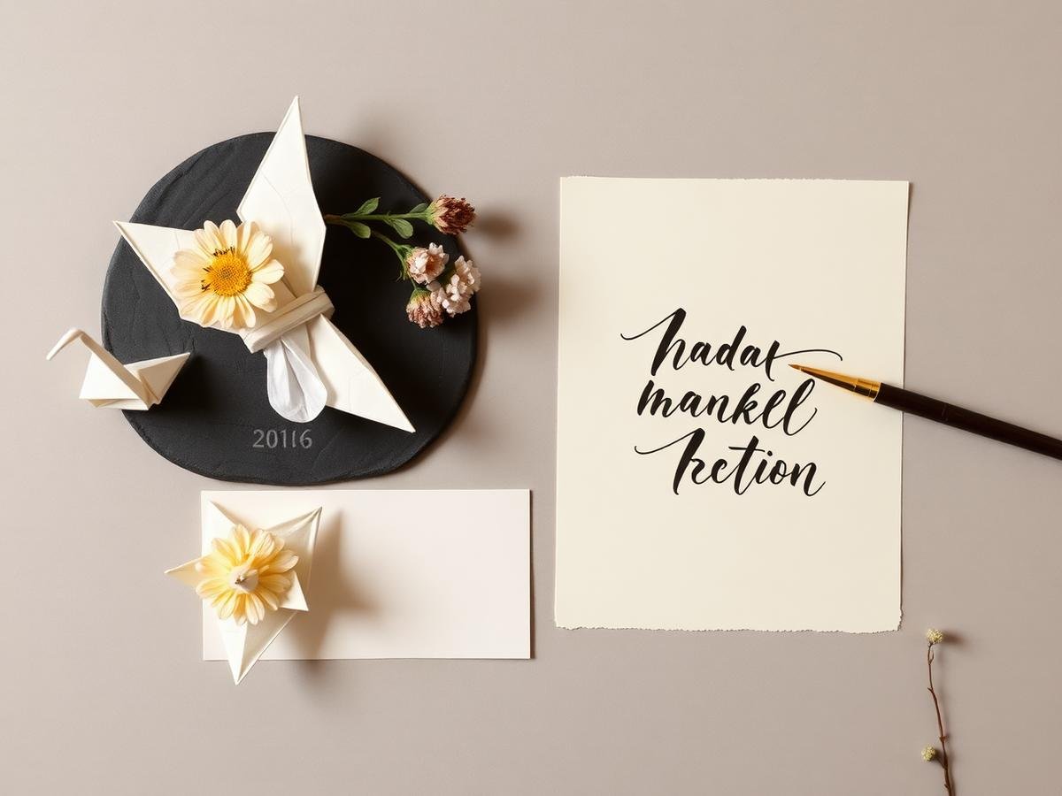 Caligrafia artística em papel creme ao lado de tsuru